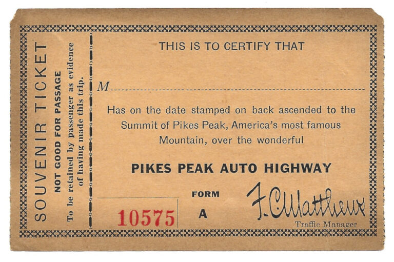 Pikes Peak toll road ticket stamped 1920