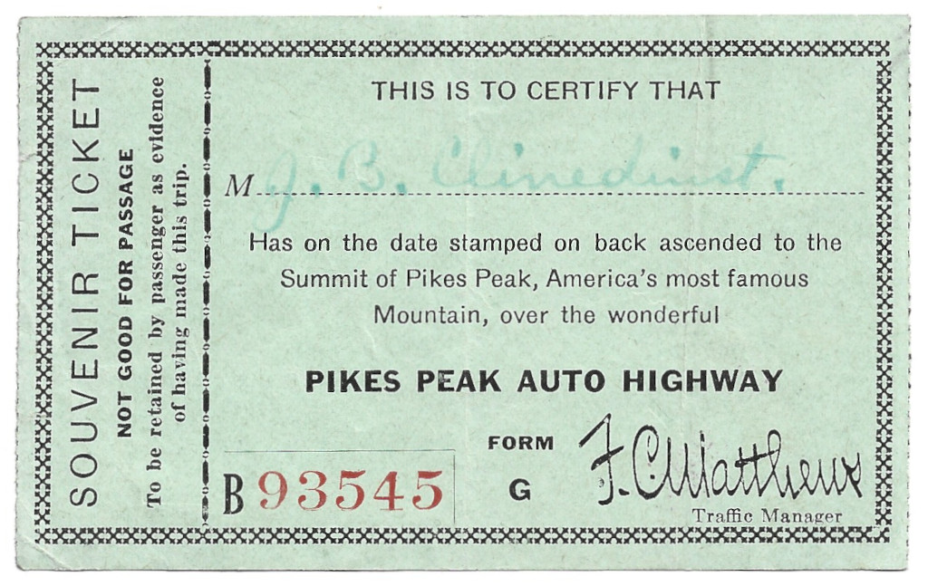 front of Pikes Peak Highway Souvenir toll ticket PIK-93545