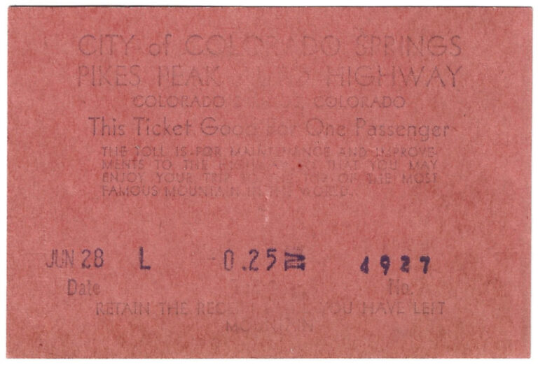 1962 Pikes Peak Auto Highway Toll Ticket LT-62PIK15-4927