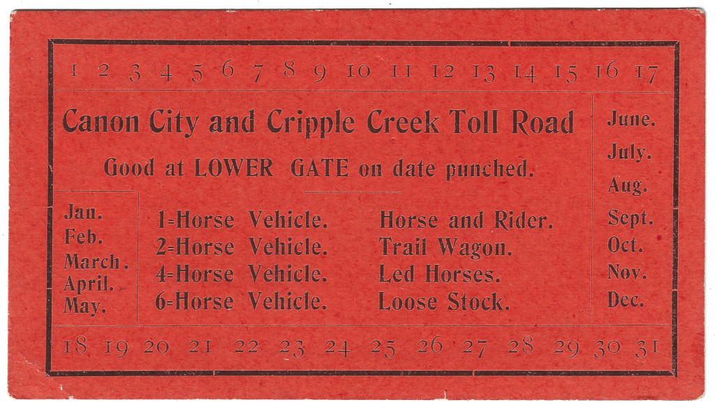 Canon City and Cripple Creek Toll Road historic toll road ticket #CCCCT31