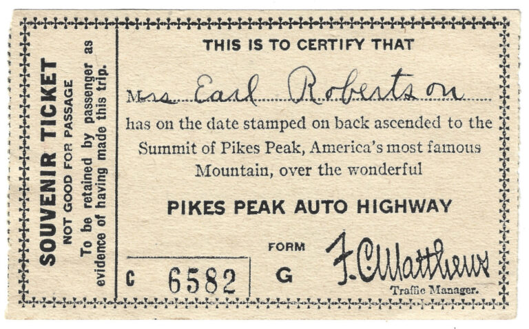 1923 Pikes Peak Auto Highway souvenir toll road ticket stamped on back ID PIK-6582