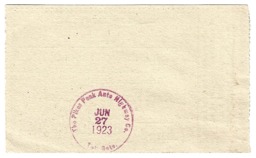 back of 1923 Pikes Peak Auto Highway souvenir toll road ticket PIK-6582