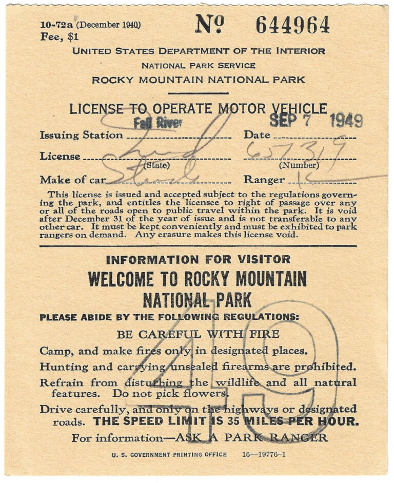 1949 Rocky Mountain National Park Motor Vehicle Entry License