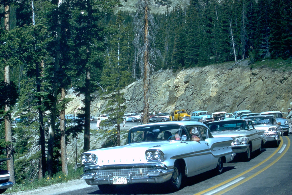 1961 slide image of cars waiting on Berthoud Pass at 9 am during summer traffic jam