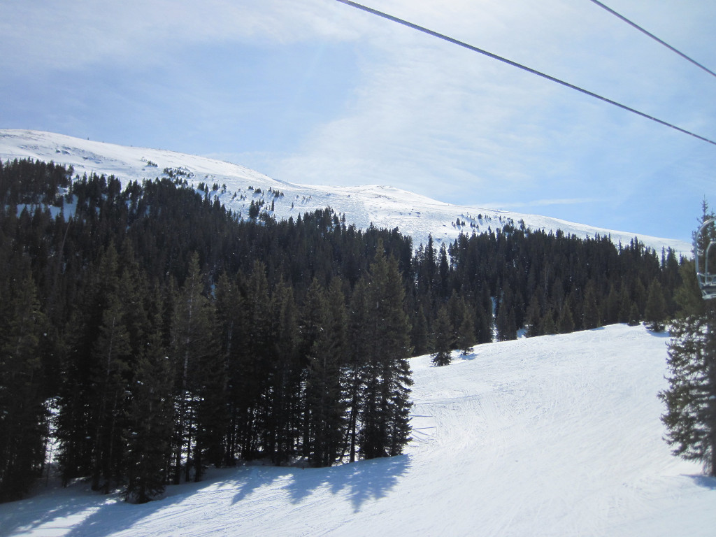 Enchanted Forest ski trail on sunny day seen from Rendezvous lift