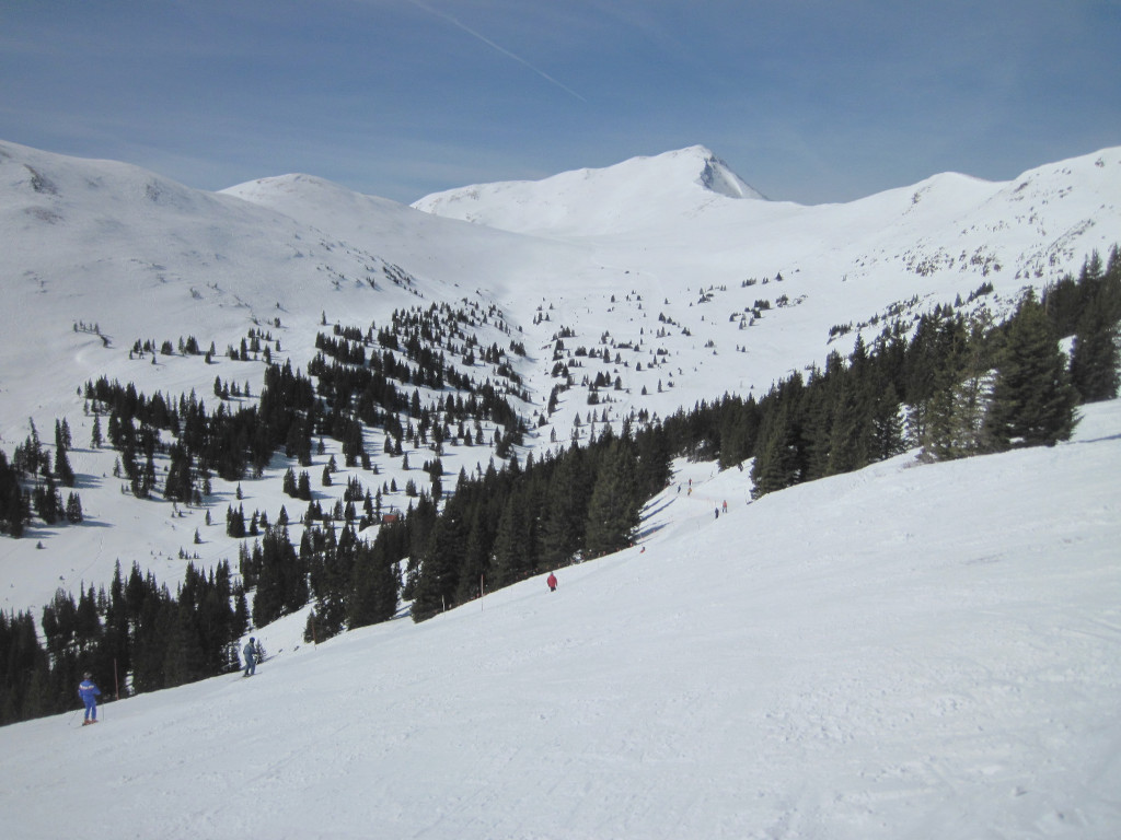 Looking down Otto Bahn ski trail heading into Copper Bowl at Copper Mountain