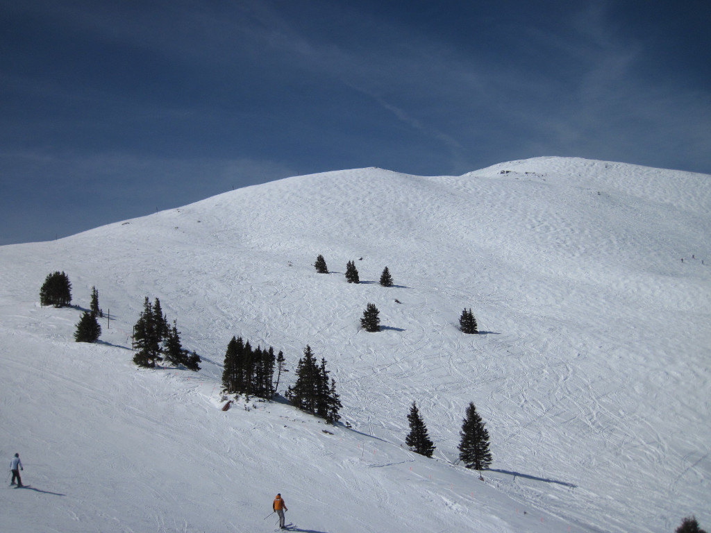 ski tracks in the Union Bowl with Union Peak and Buzzard's Alley ski trails