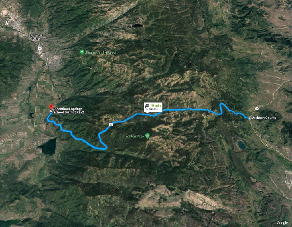 Rabbit Ears Pass map measuring the distance of the pass but not including Muddy Pass